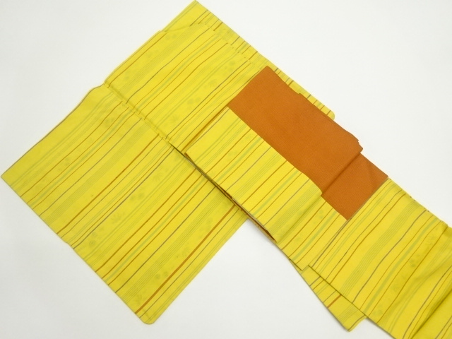 JAPANESE KIMONO / KIMONO & NAGOYA OBI SET / SILK / HAND WOVEN / FUSHI TSUMUGI / STRIPE & KIKU & BAMBOO GRASS